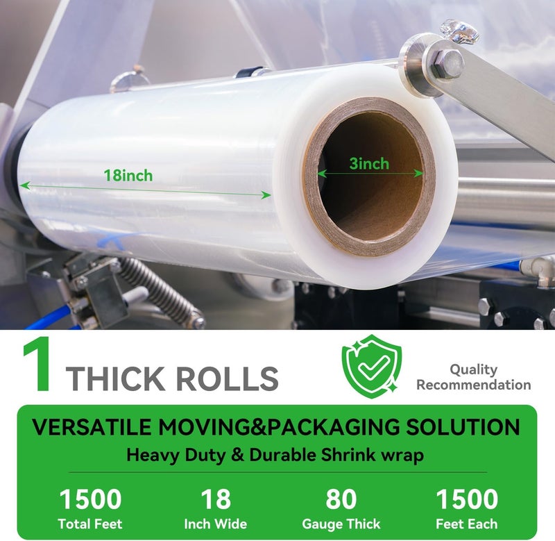 pafei 18" x 1500' Plastic Stretch/Shrink Wrap Roll - 80 Gauge Industrial Shrink Wrap for Moving, Heavy Duty 800% Stretch for Pallets, Packing, Shipping&Furniture Protection​-1Roll - Image 3